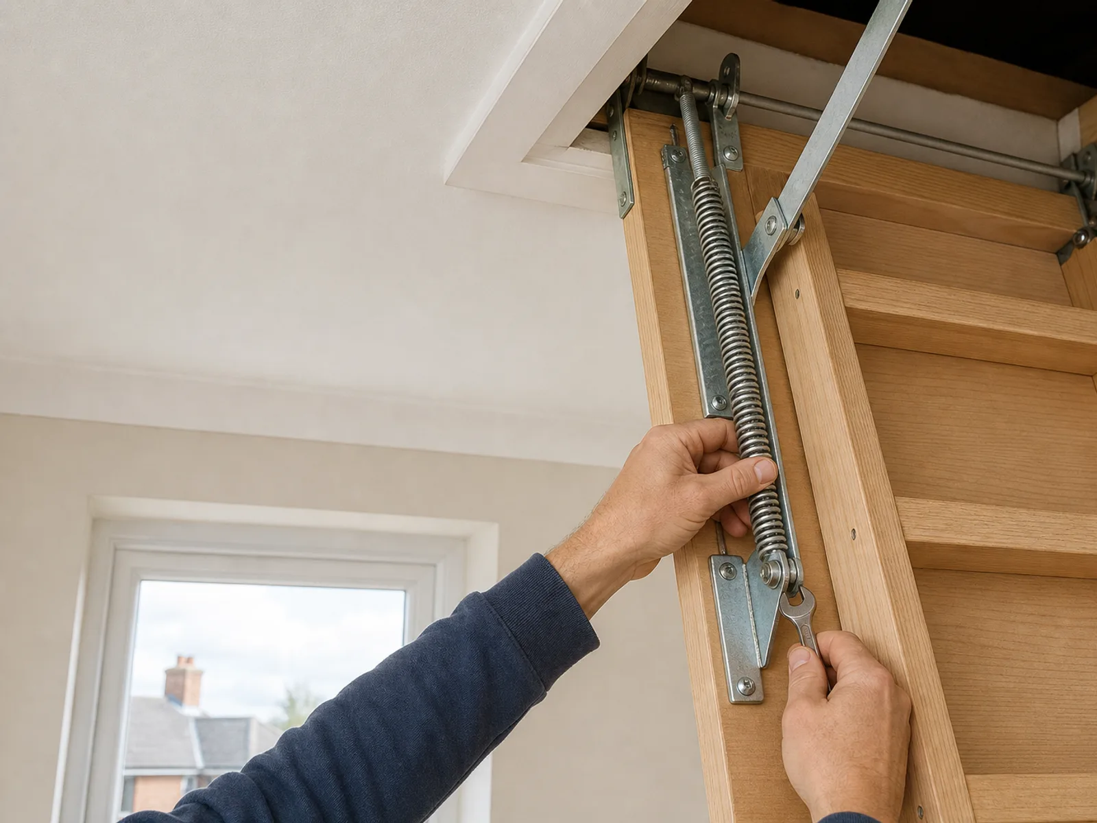 A hand adjusting the tension on a loft ladder spring mechanism beside the hatch frame
