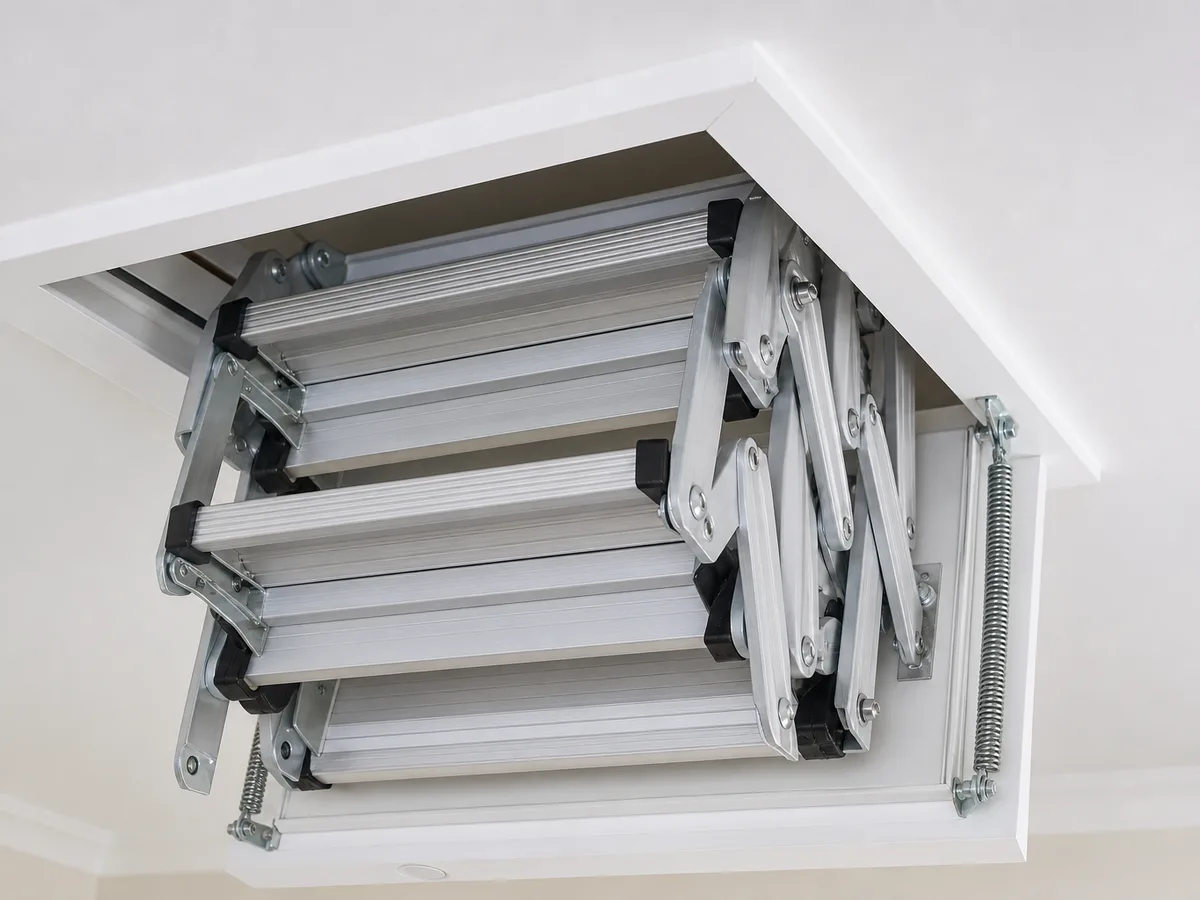 An aluminium concertina loft ladder partly folded against a white ceiling, hinged sections and treads visible