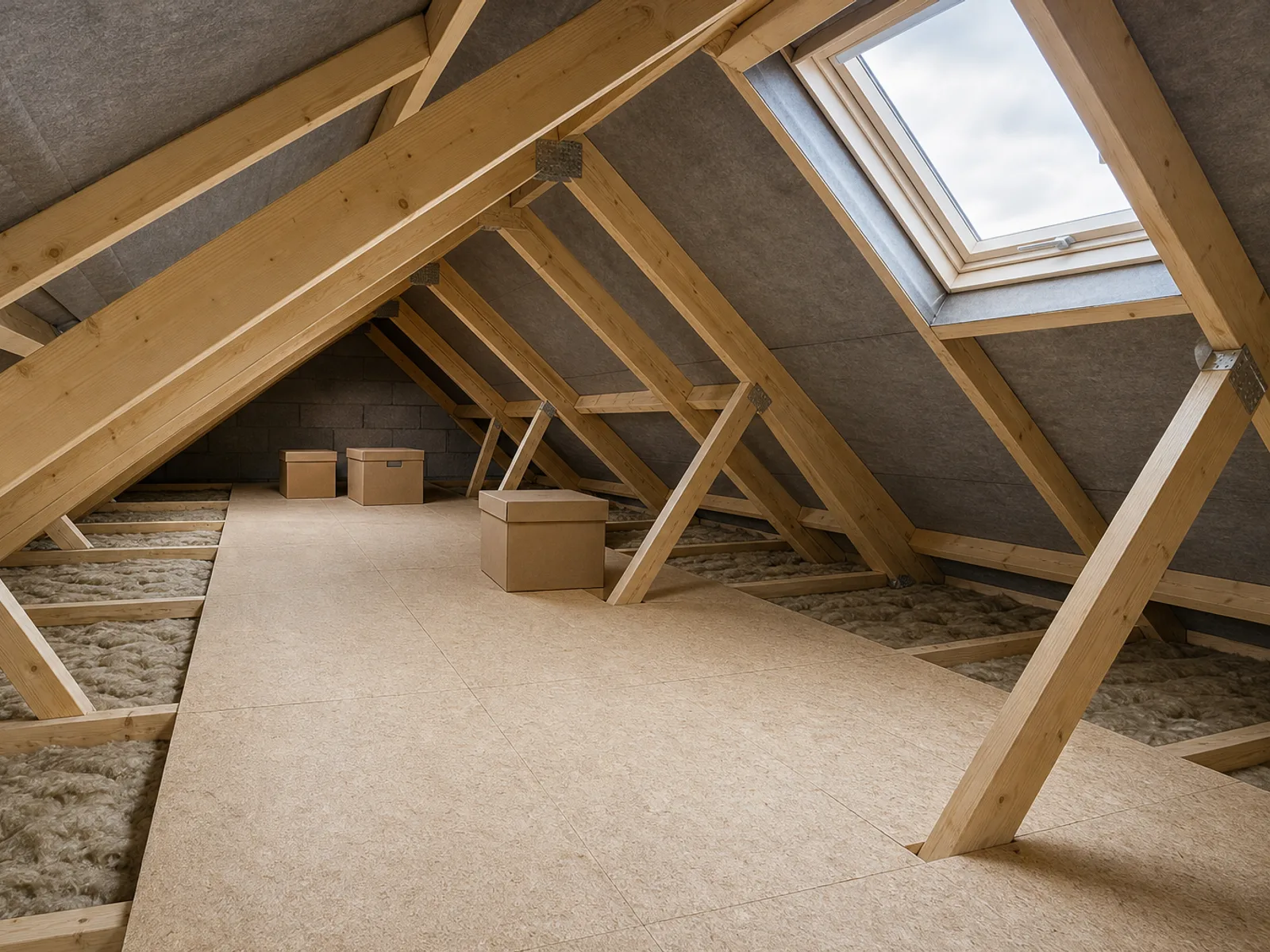 A boarded storage area in the shallow loft of a coastal semi-detached house, boxes stacked to one side