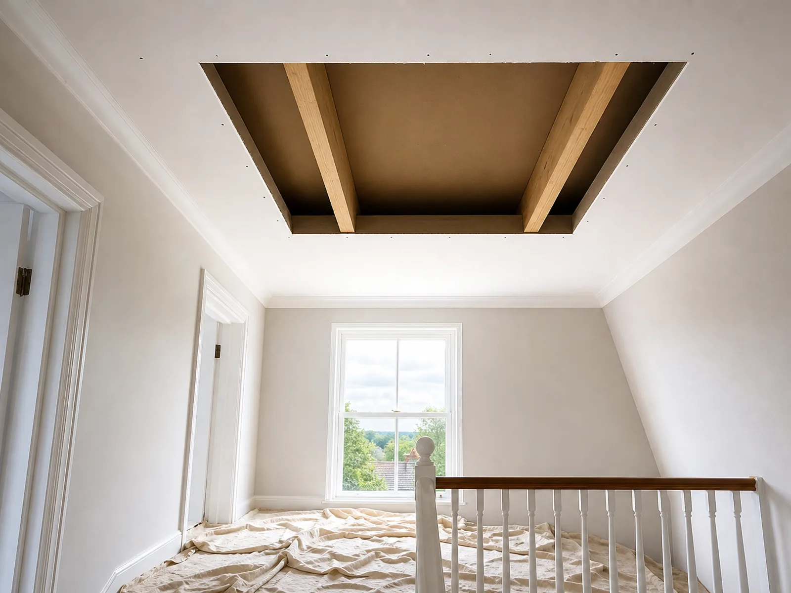 A rectangular opening being cut into a plasterboard ceiling between two joists, dust sheets below