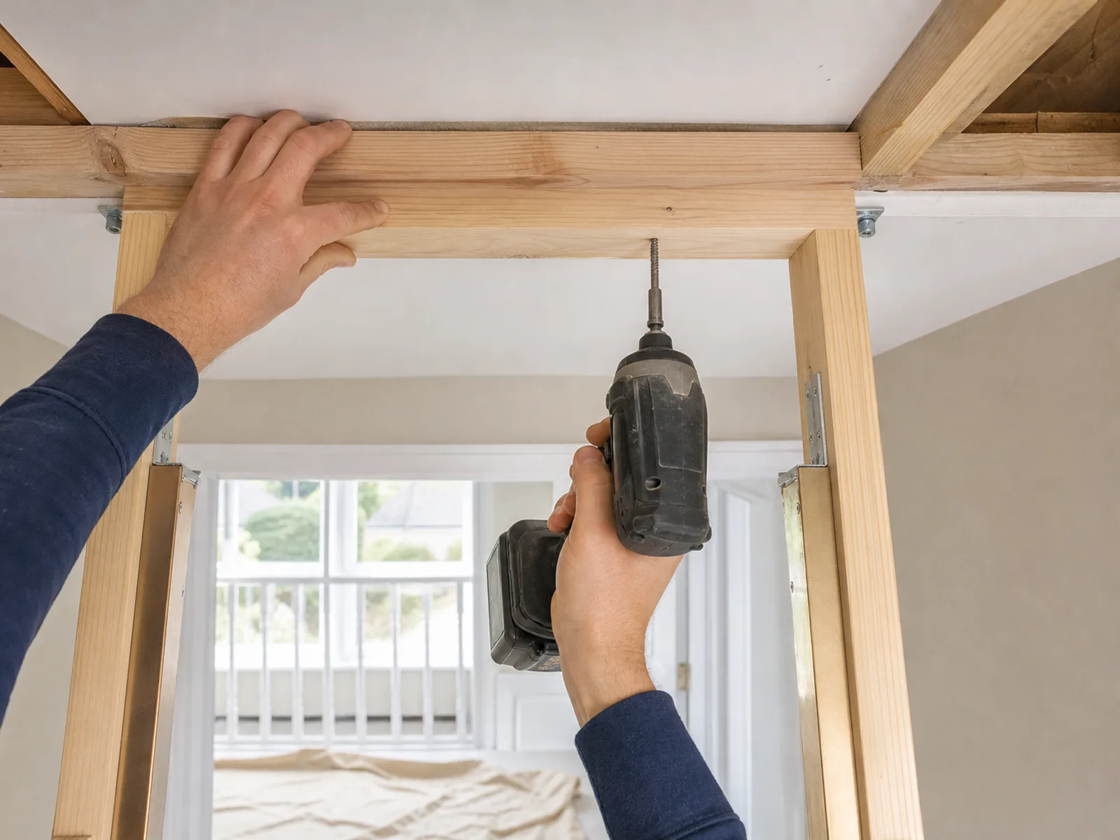 Hands driving a fixing through a timber loft ladder frame into a ceiling joist beside the hatch opening