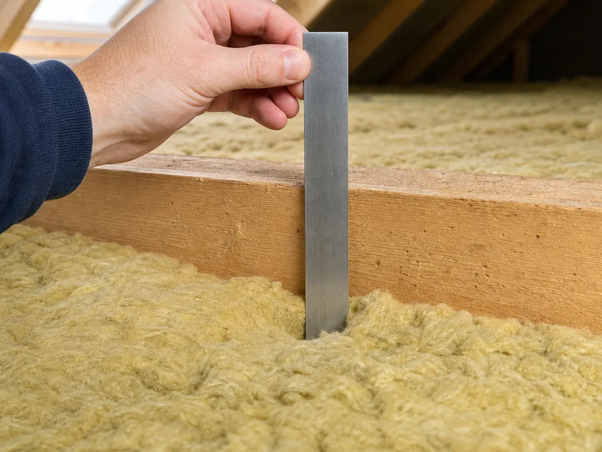 A rule held vertically against a joist to measure the depth of loft insulation beside it