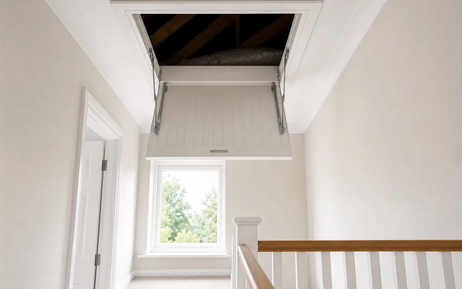 A newly fitted loft hatch with crisp white lining set into a plastered ceiling