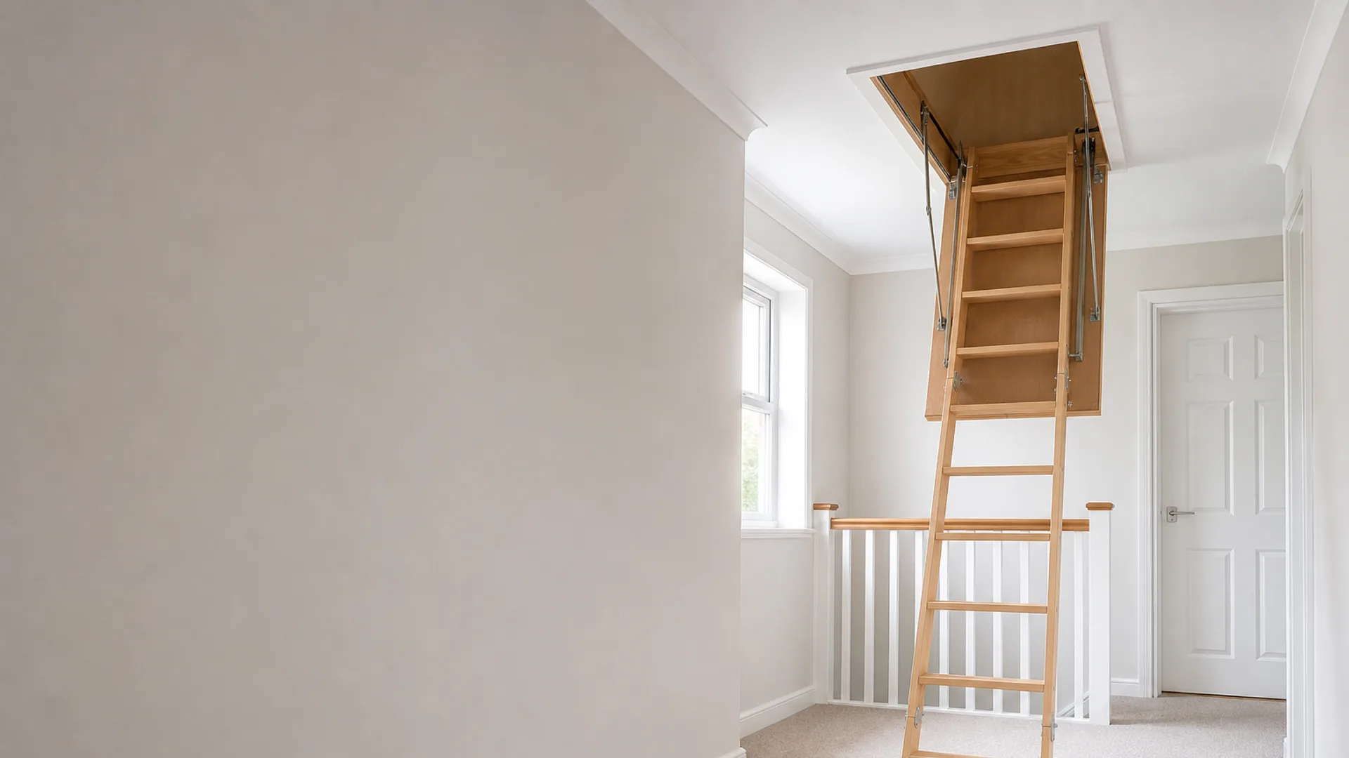 A timber loft ladder extended from a neatly fitted loft hatch onto a bright landing