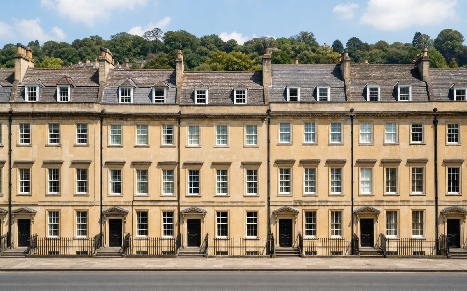 A terrace of honey-coloured Bath stone Georgian houses with tall sash windows and iron railings