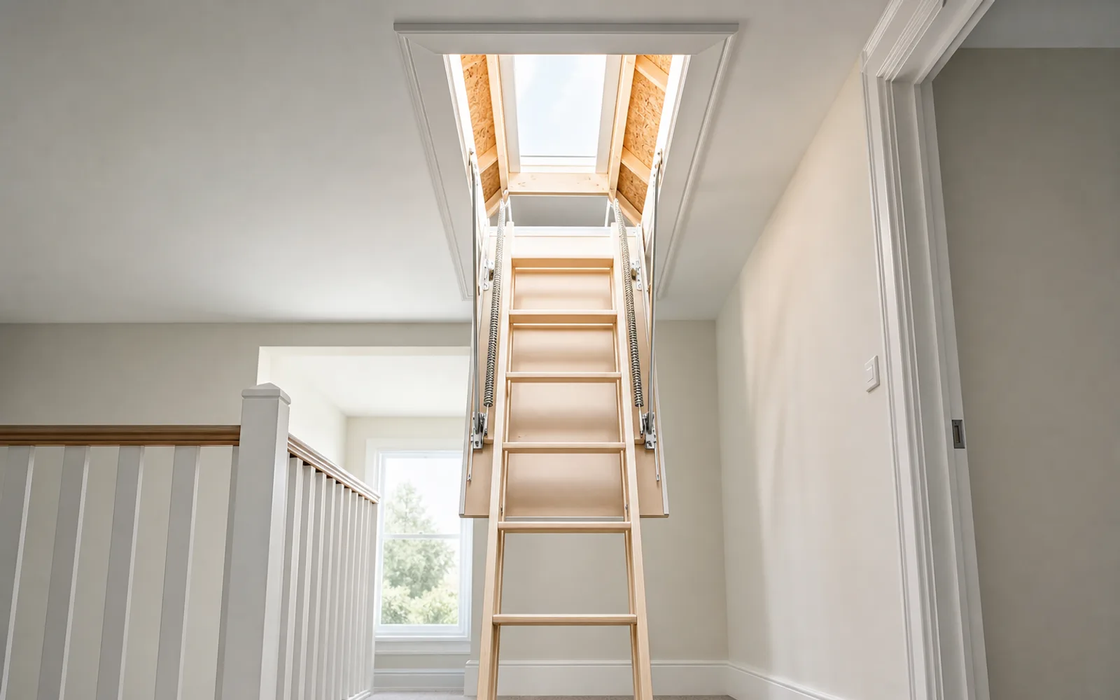 A timber loft ladder descending through an open, neatly lined loft hatch onto a landing