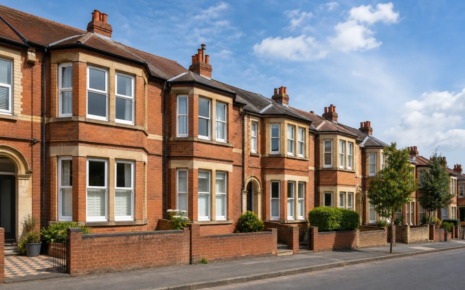 A street of red-brick Victorian terraced houses with bay windows under a bright sky