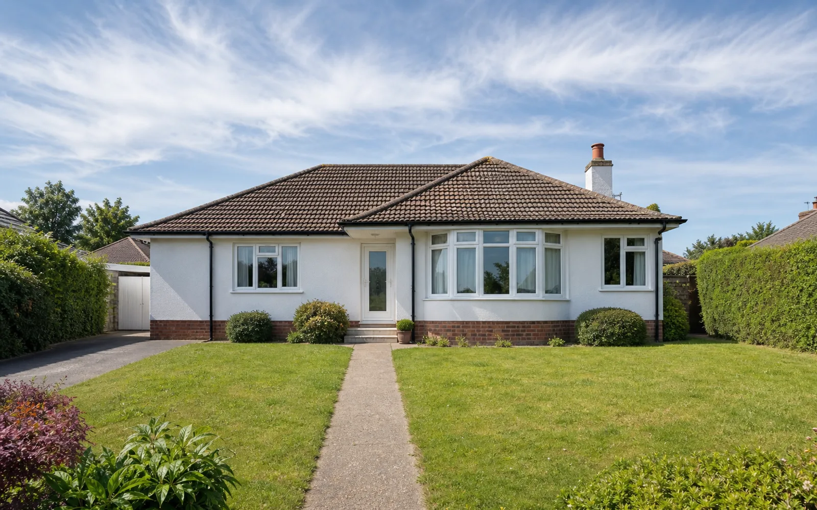 A well-kept post-war detached bungalow with a hipped tiled roof and tidy front garden