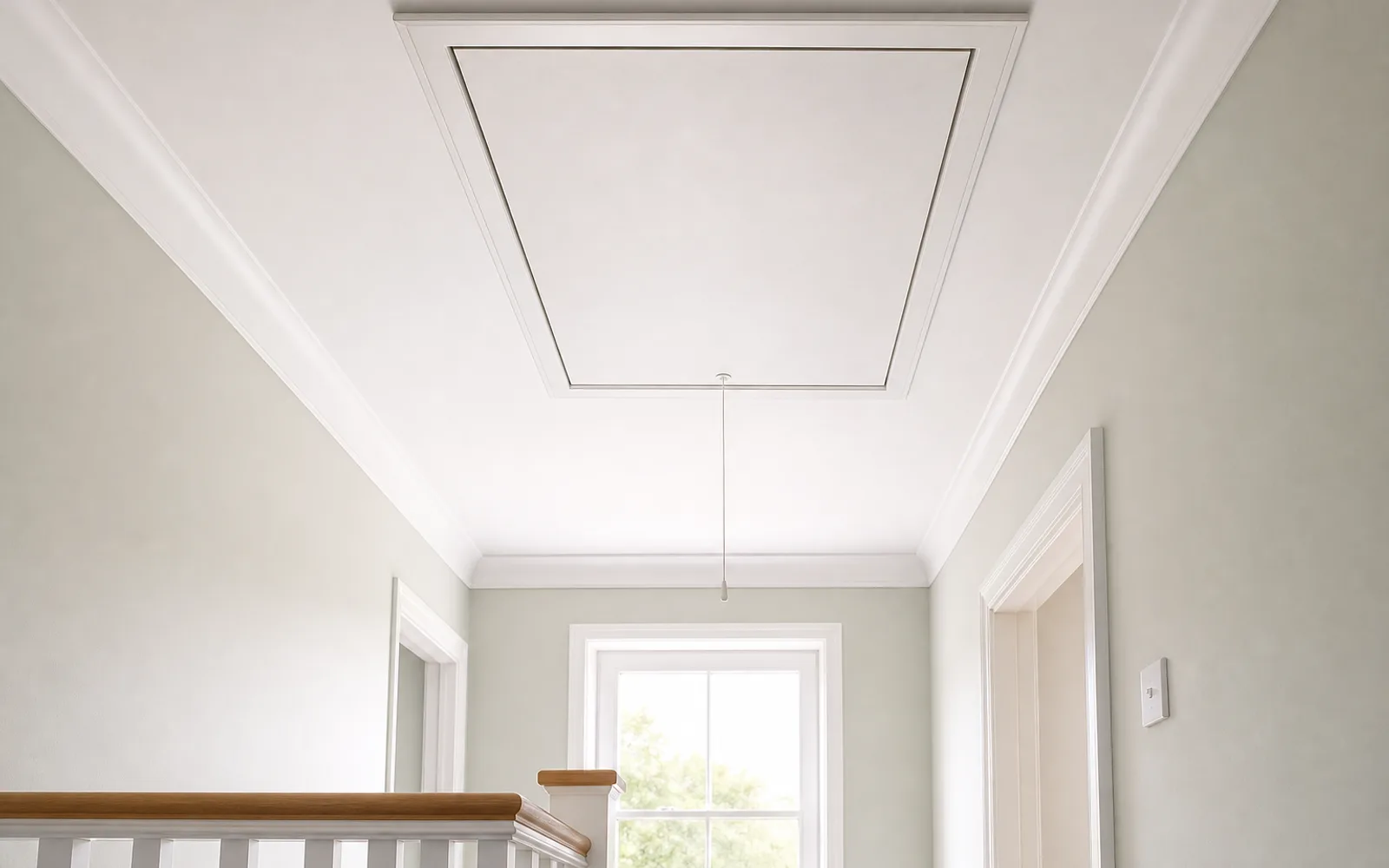 A closed white insulated loft hatch fitted flush into a clean ceiling above a tidy landing