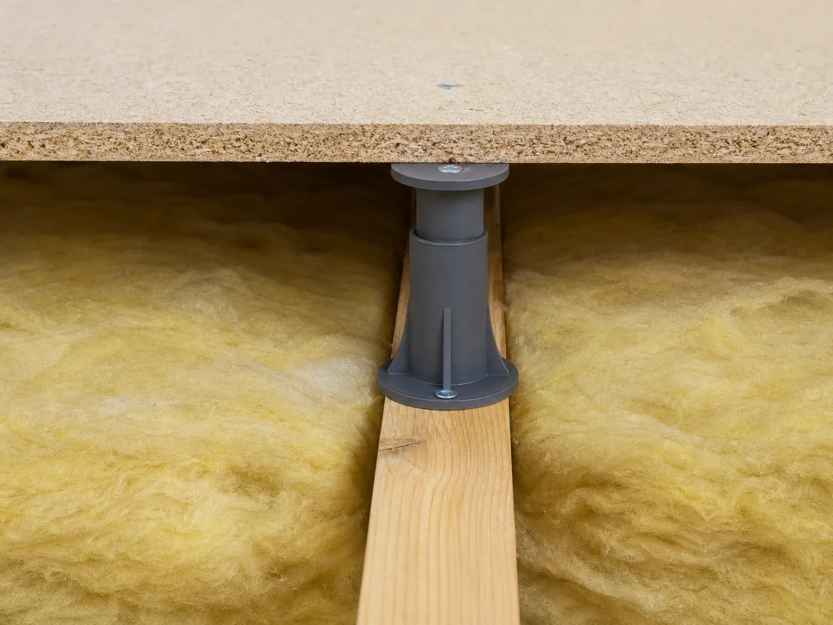 Plastic loft legs fixed to a joist, holding a board clear of the mineral wool insulation beneath