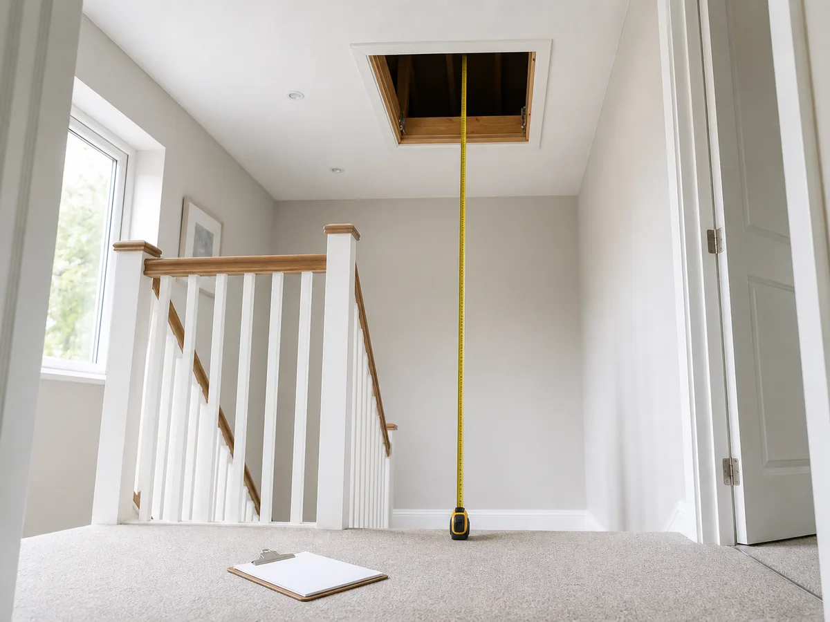 A tape measure extended from a landing floor up to an open loft hatch, checking floor-to-ceiling height