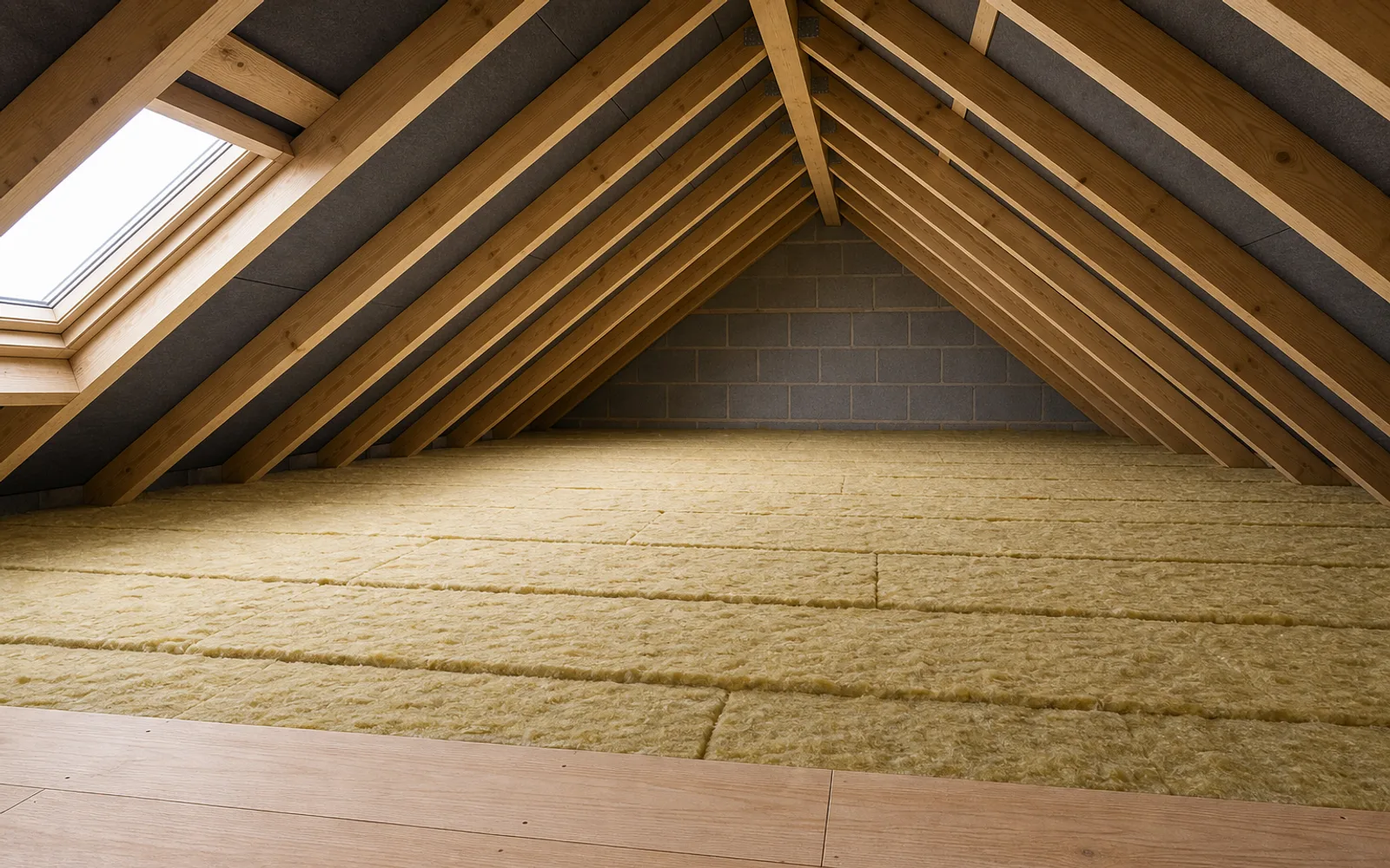 Deep mineral wool insulation laid evenly between and across loft joists