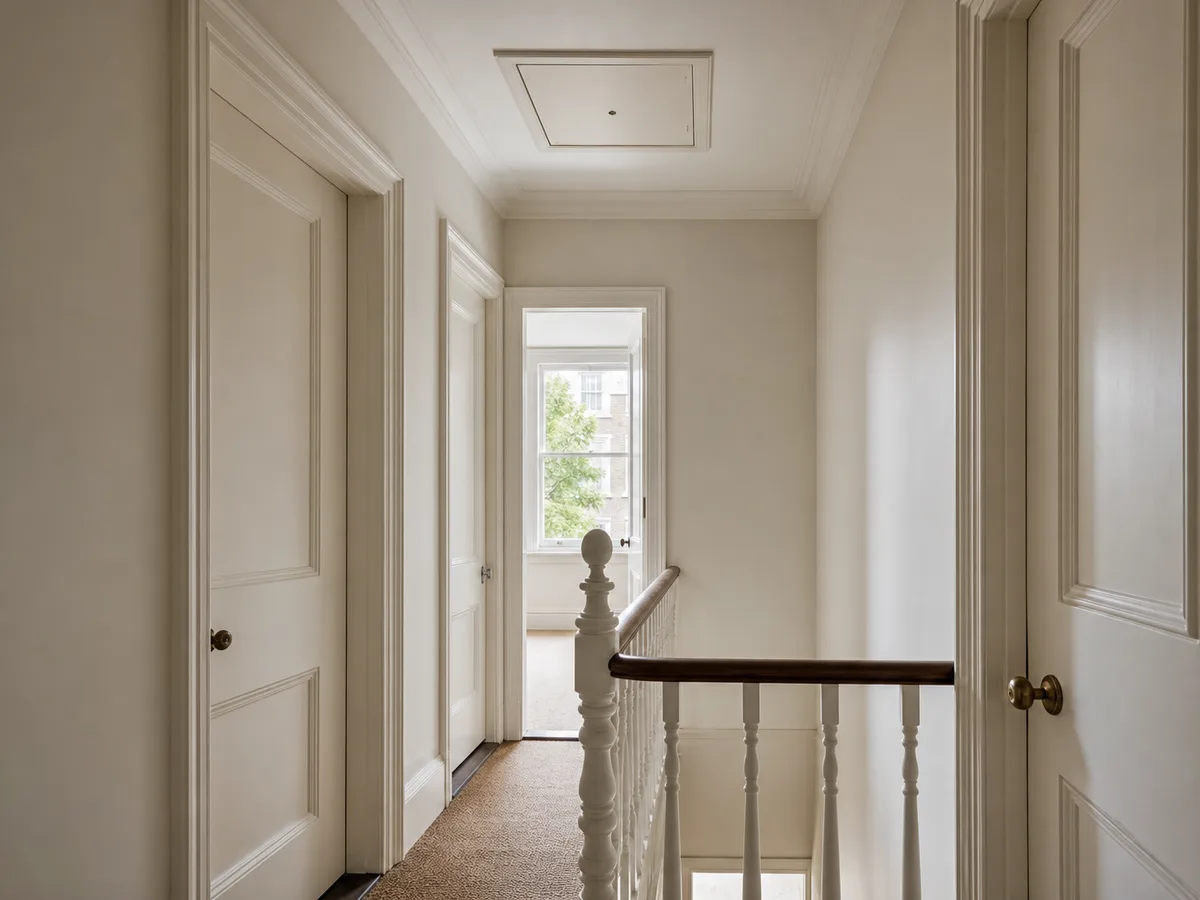A narrow period landing with tall panelled doors, a timber balustrade and a small square loft hatch in the high ceiling