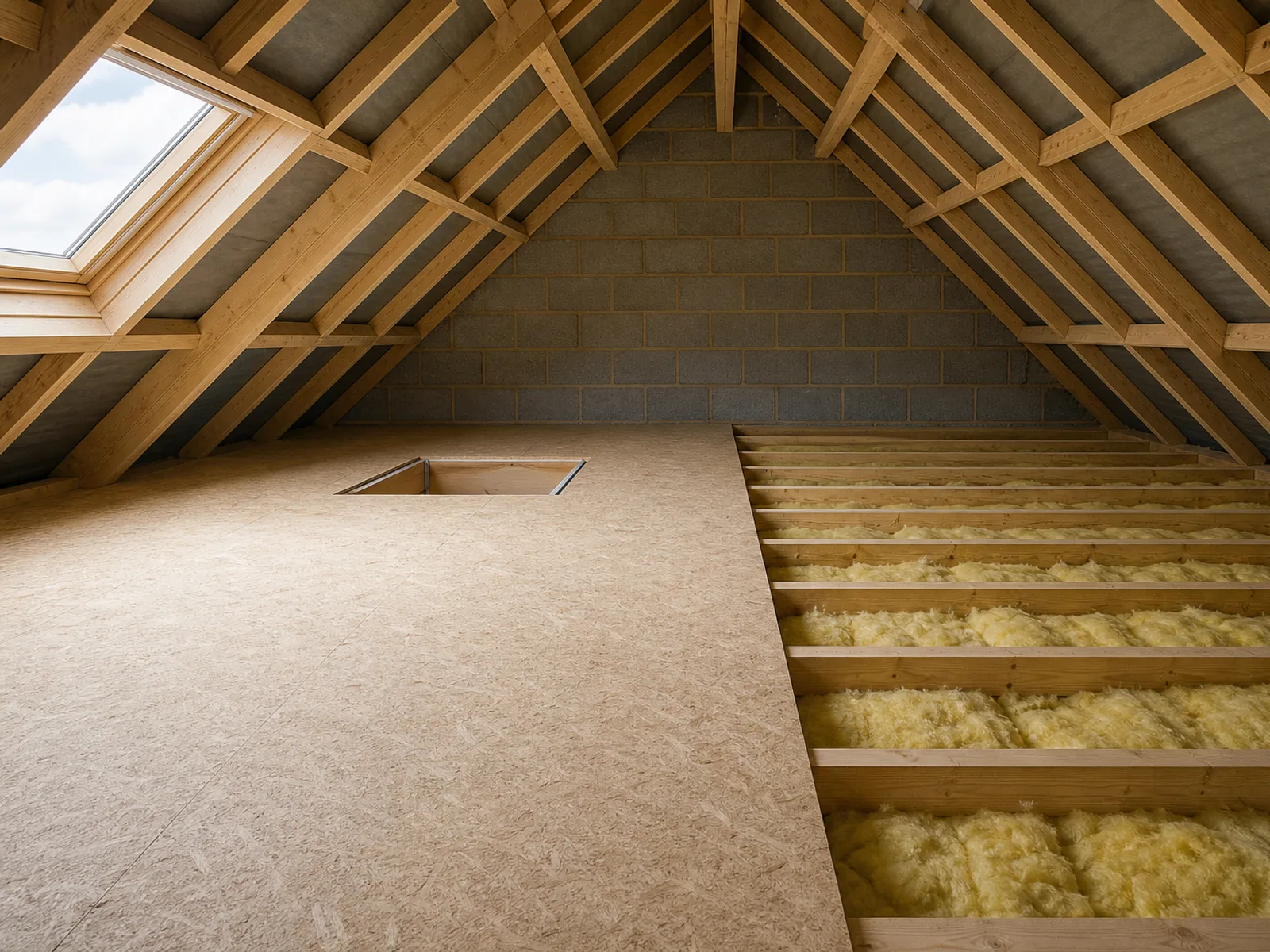 A loft part boarded near the hatch, with bare joists and insulation visible beyond the boarded zone