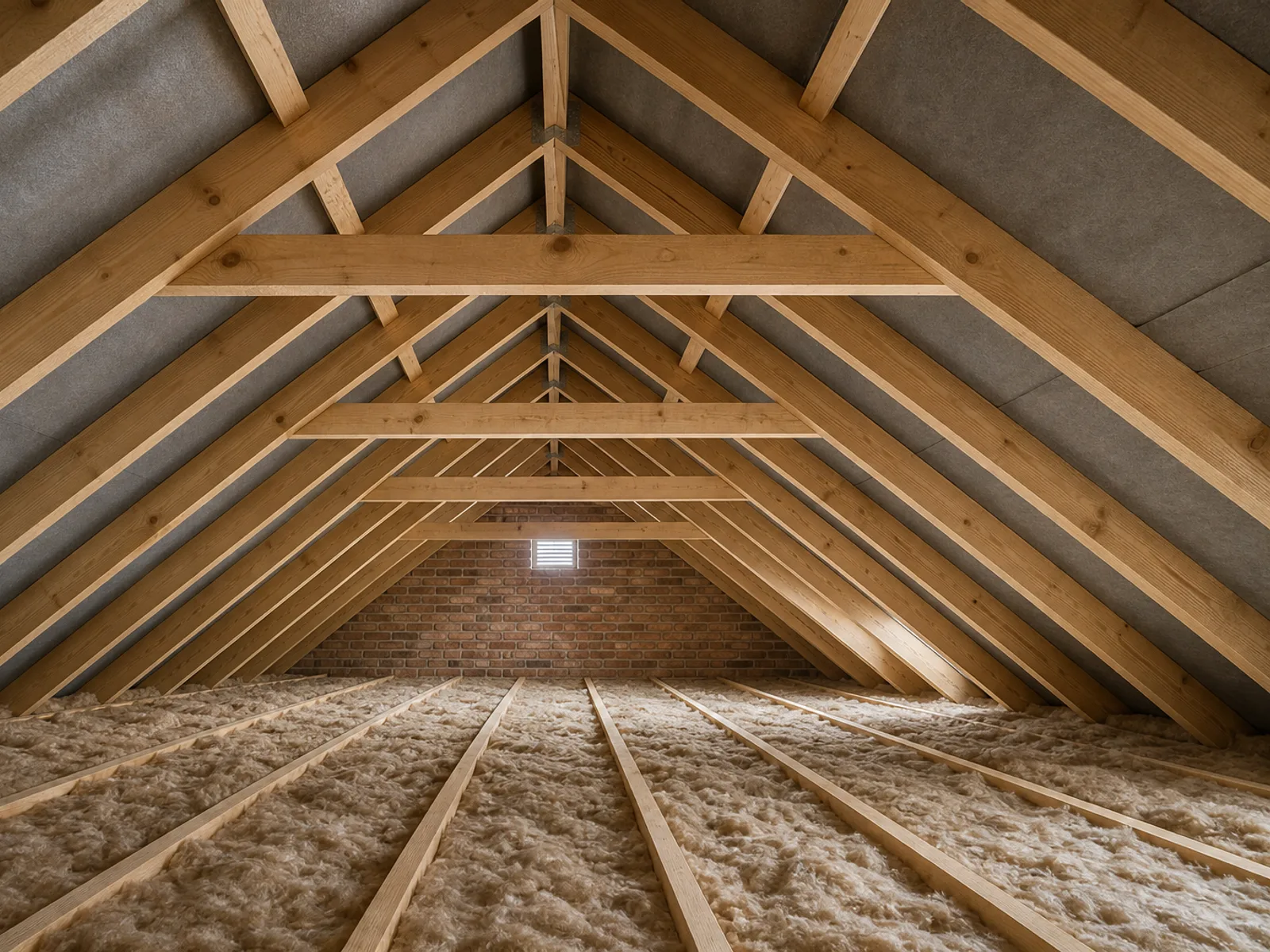 The open loft space of a post-war semi-detached house, joists and insulation visible under the rafters