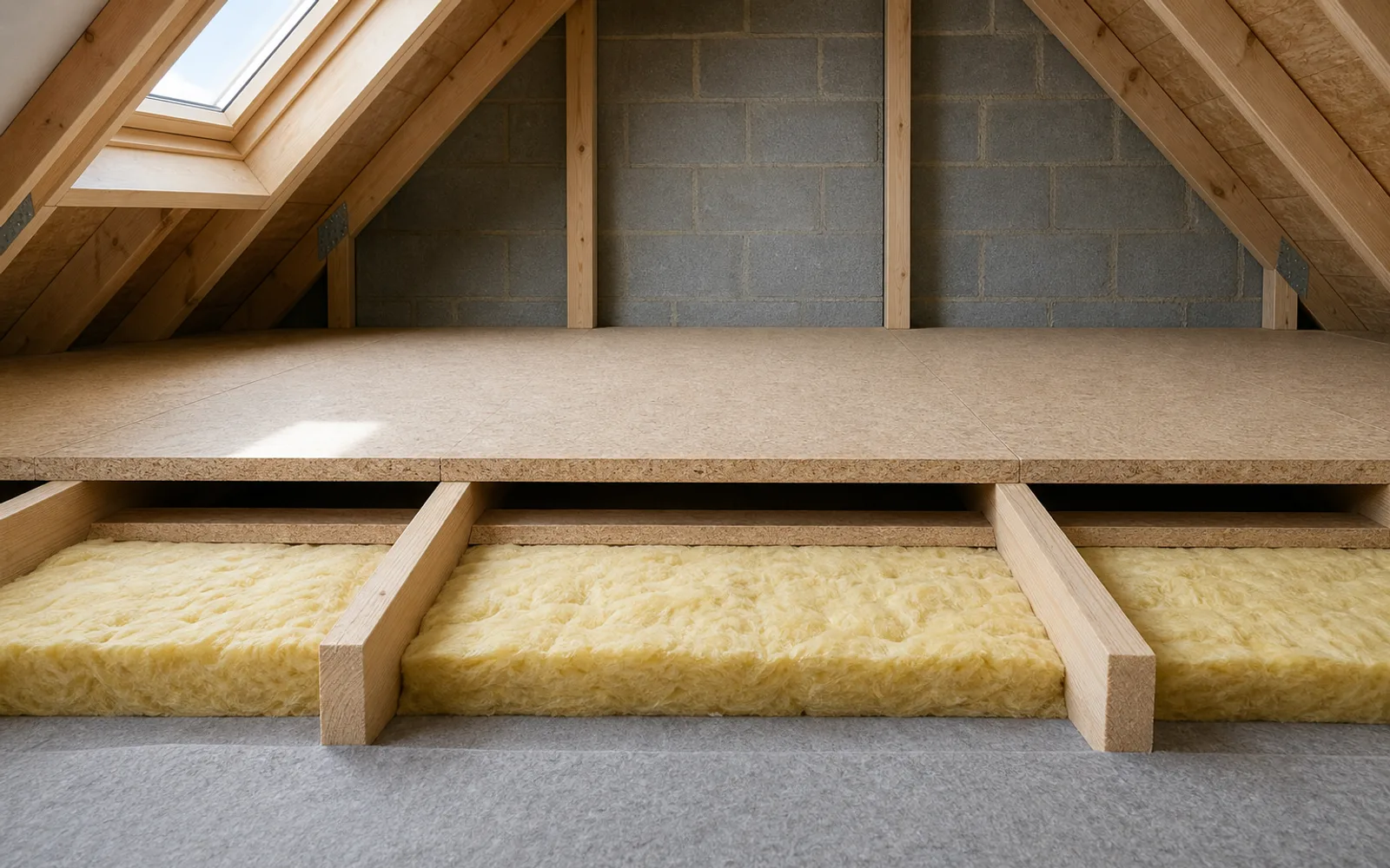 A raised loft boarding floor carried on legs above deep mineral wool insulation between the joists