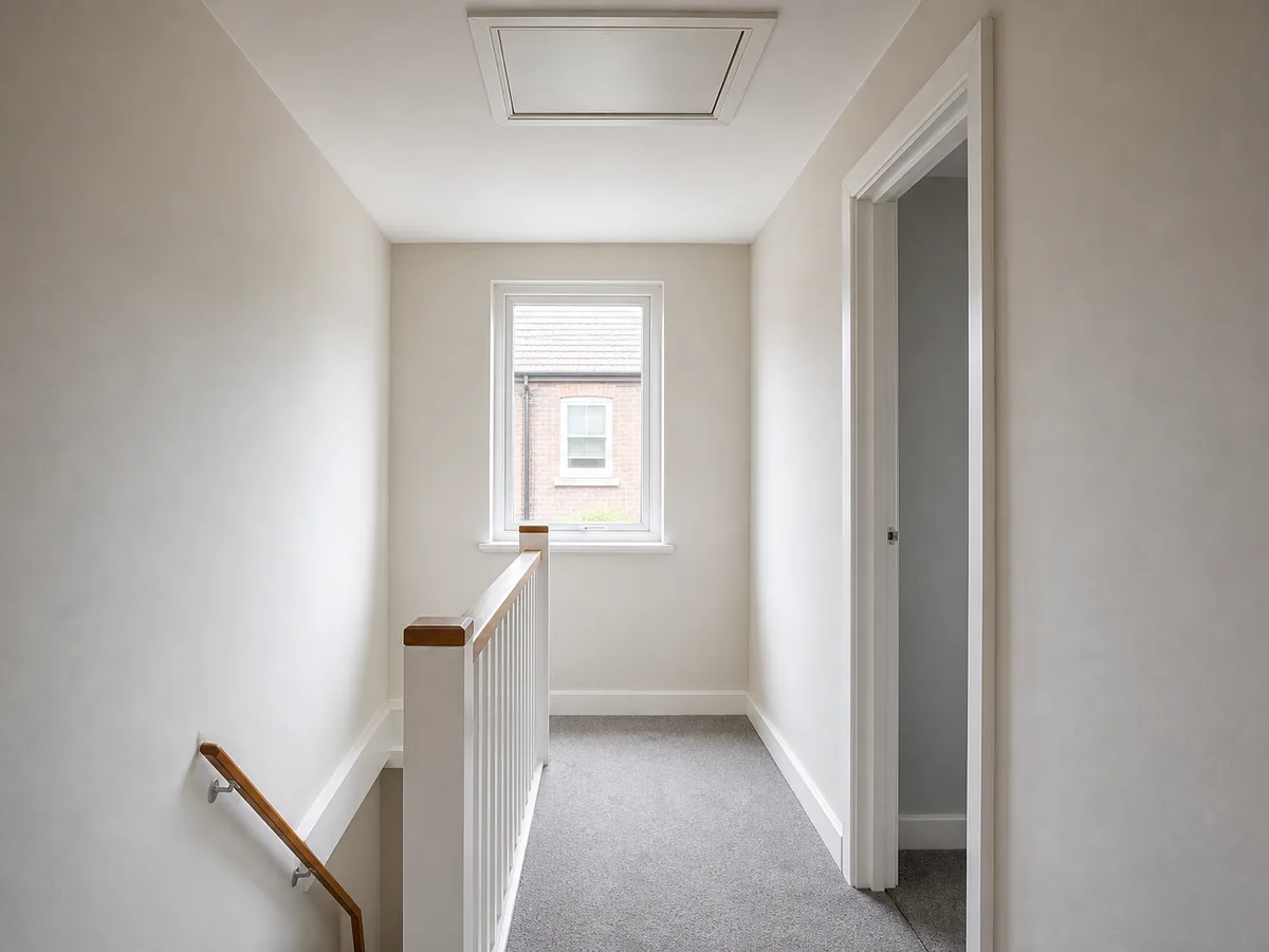 A small square loft hatch set in the ceiling of a narrow red-brick terrace landing