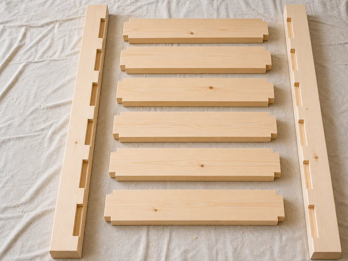 Replacement timber ladder treads and side stiles laid out ready for fitting