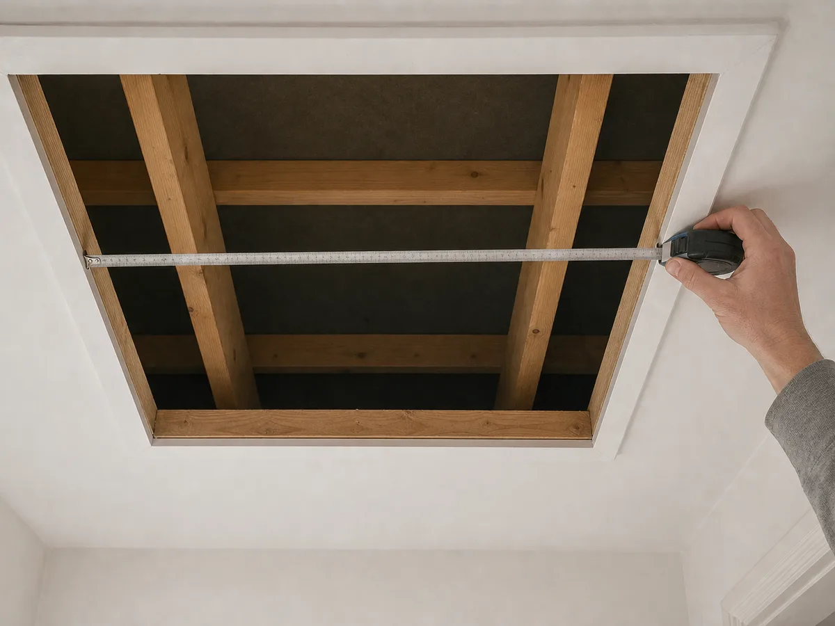 A tape measure held across a loft hatch opening while the ceiling joists are checked