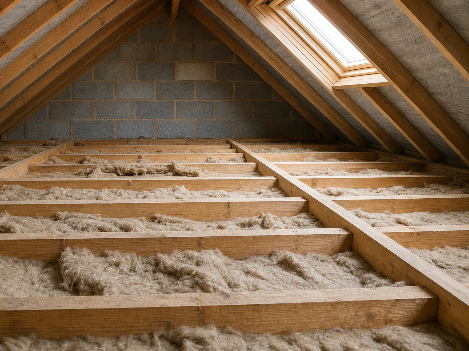 A loft with thin, patchy insulation between the joists, bare boards visible in places